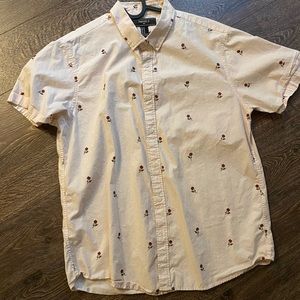 Blush pink button down with small red roses